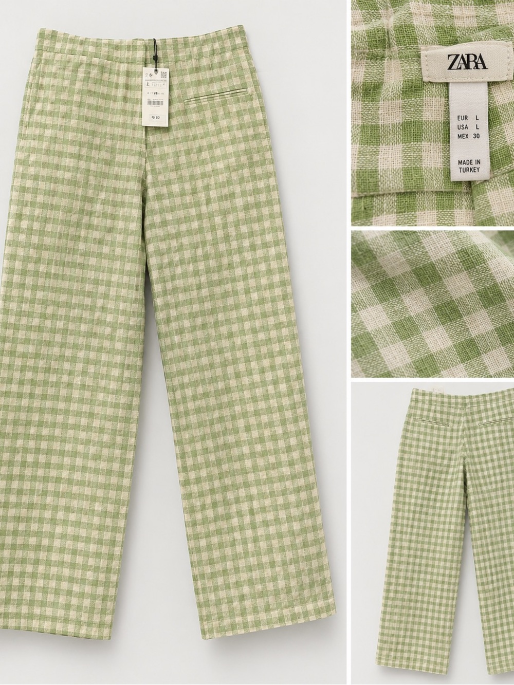 Zara Green & Cream Gingham Wide-Leg Pants
